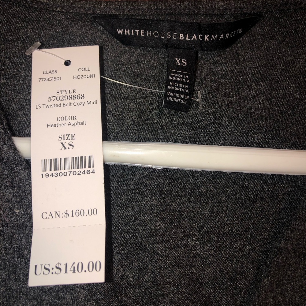 White House Black Market New W.T. Dress 16” X 37” Cozy MIDI Color Gray Size XS.